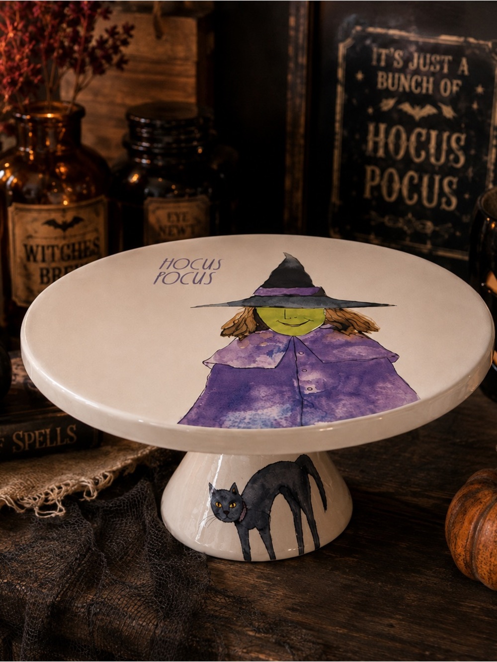 Rae Dunn Halloween Hocus Pocus Practical Witch Cake Plate Stand & Black Cat